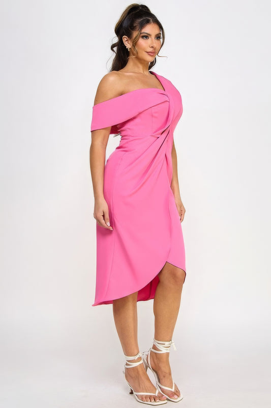 Pink Off Shoulder Twist Front Midi Dress
