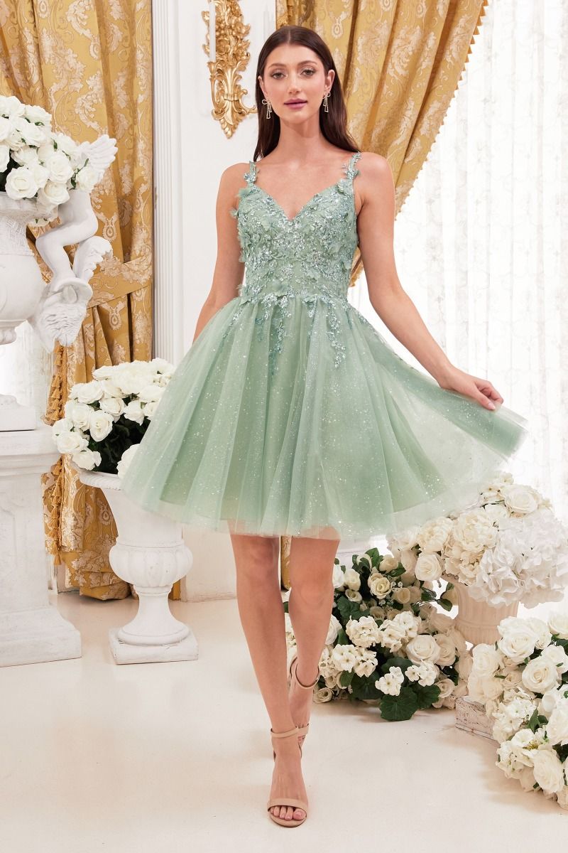 This A-line mini dress features an embellished bodice with floral motif lace appliqué and an elegant v-neckline that highlights your décolletage. The narrow straps are trimmed with ruffled tulle. The gathered and layered tulle skirt kicks out from the natural waist.