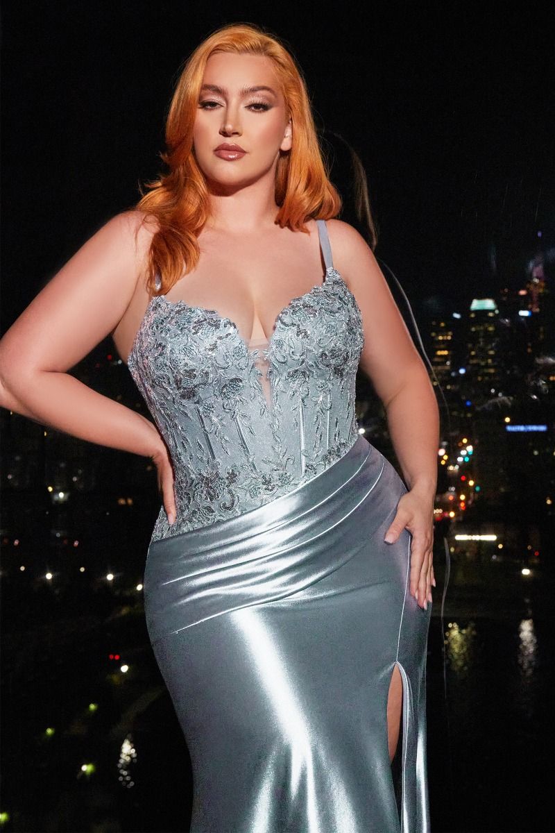 Celebrate your curves in this stunning fitted stretch satin gown, designed to embrace and enhance your natural beauty. The lace applique boned bodice is a work of art, providing both support and intricate detailing that flatters your silhouette. Delicate straps add a touch of elegance, while the satin asymmetrical sash cinches at the waist, accentuating your curves with grace and style. The fitted stretch satin ensures a comfortable and confident fit, allowing you to move with ease.