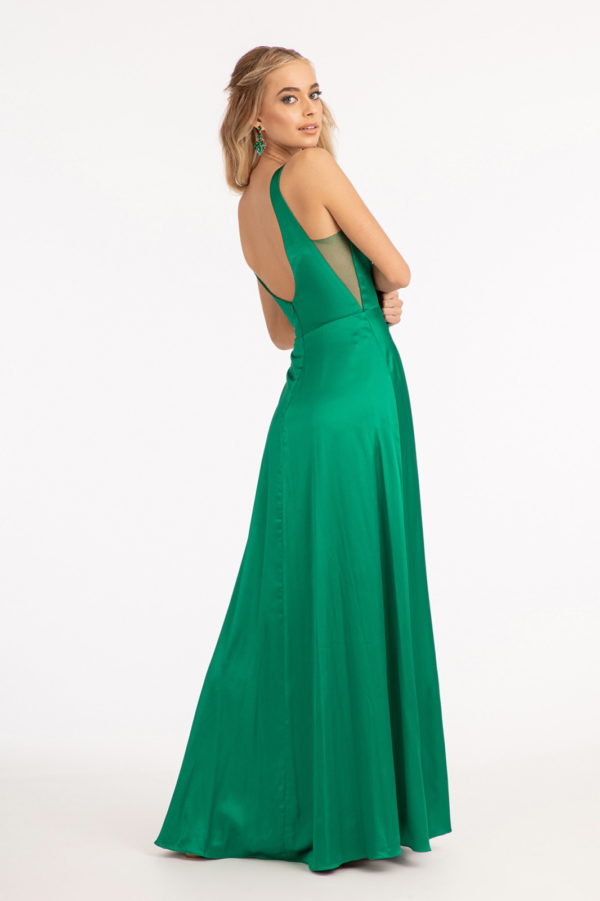 Elegant satin v-neck sheer side A-line bridesmaid dress. Fabric: Satin Length: Long Neckline: V-Neck Sleeve: Straps Back: V-Back Embellishment: Silhouette: A-Line