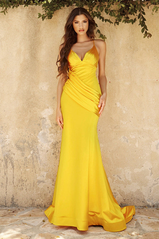 Fitted stretch satin gown with gathered waistband and ruched deep sweetheart neckline.