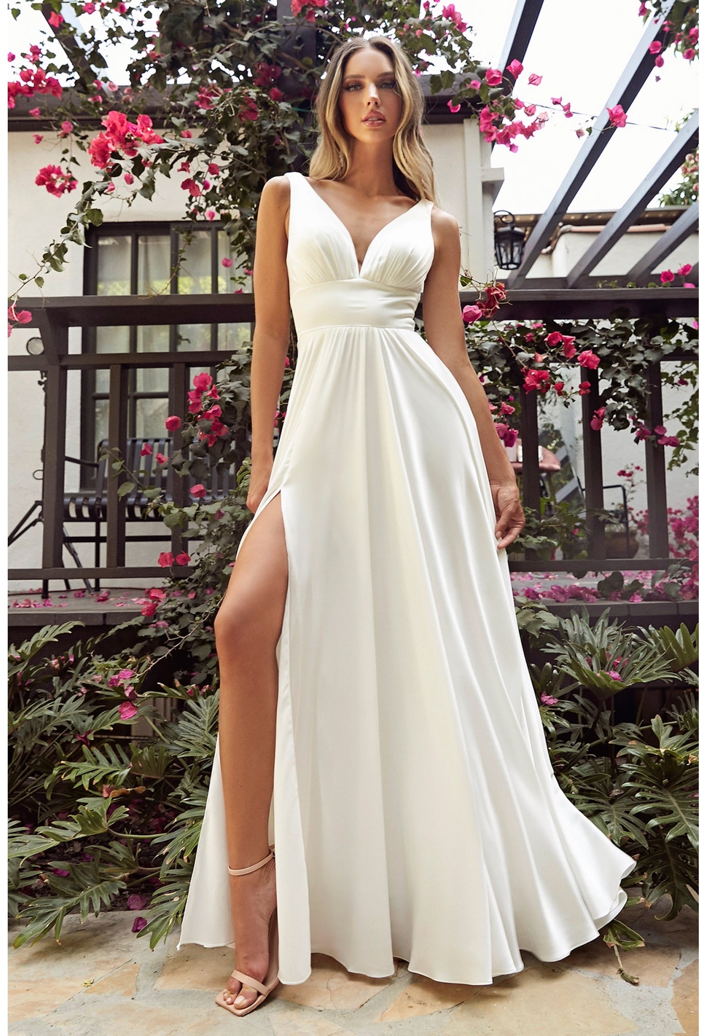 Off-White Long V-Neck Wedding Dress with A-Line Skirt Off White / 16