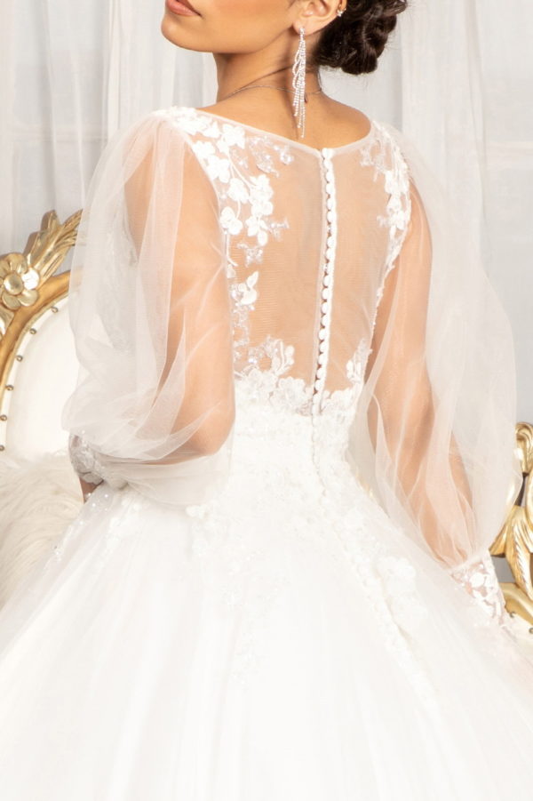 Beads Embellished Long Sleeves Wedding Gown w/ Sheer Back Button Closure Fabric: Lace, Mesh  Length: Long  Neckline: Illusion V-Neck  Sleeve: Long Sleeve  Back: Button Closure, Sheer, Zipper  Embellishment: Beads, Embroidery, Jewel, Sequin  Silhouette: Ball Gown