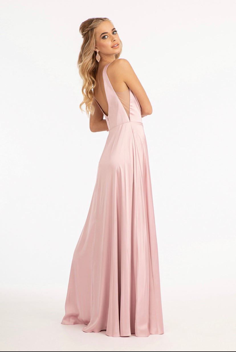Elegant satin v-neck sheer side A-line bridesmaid dress. Fabric: Satin Length: Long Neckline: V-Neck Sleeve: Straps Back: V-Back Embellishment: Silhouette: A-Line
