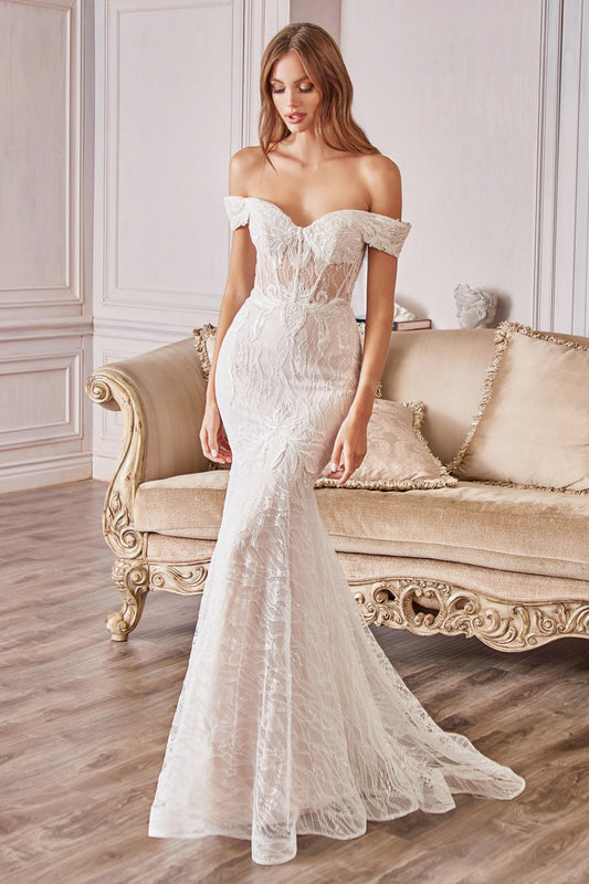 Jolie Gown is everything a bride could want: Beautiful lace placement that falls flatteringly on the body, perfect mermaid silhouette, and comfortable stretch. Off shoulder lace flap provides elegant cover to the arms while showcasing a beautiful neckline. There is no compromise in the beauty of the gown, as this dress makes perfect hourglass of the wearer.