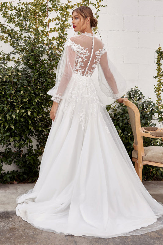 Strike off some bold poses in this beautiful bridal dress. The gorgeous attire is designed in bishop sleeves designed in sheer illusion net fabric and lace applique. The corset bodice has a plunging V-neckline with sheer high neck in pleated details. The A-line tulle silhouette glides gracefully below the waist in a full-length hem and a s