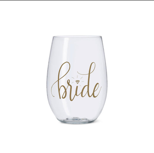 16 onzas. Copa de vino sin tallo de plástico duradero Bride con oro