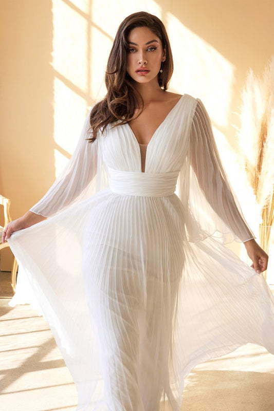 An elegant and sophisticated option for a boho wedding or destination elopement. This chiffon gown is pleated from sleeve to hem and gathered at the deep v-neckline and waist. An open mid back has a center back zipper closure.