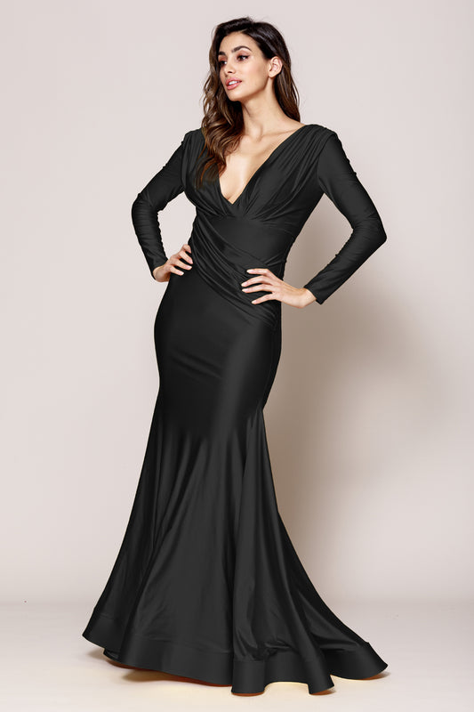 Gorgeous satin gown with double lining - long sleeve with open back and open bodice. Back zipper, long sleeves. Ruching around the waist.  Features:  Stretch Jersey, Satin Fabric Ruching Around Waist  Back Zipper, Hidden  Low V-Front and Back Long Sleeves   Horse netting on bottom  Long Train