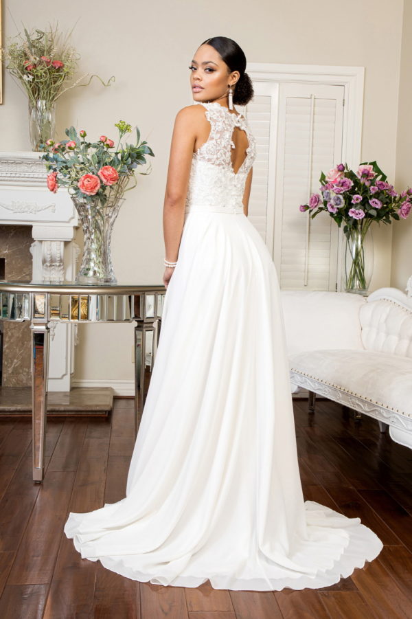 Embroidered Bodice Chiffon Long Dress w/ Sheer Back - Mask Not Included Chiffon is always right with beautifully embroidered wedding gown! The drapey fabric is also great with high neckline, which elongates your body frame. This dress even features side slit to show off your legs and sheer cut-out open back that give you a stylish look. That'll surely keep all eyes on you!