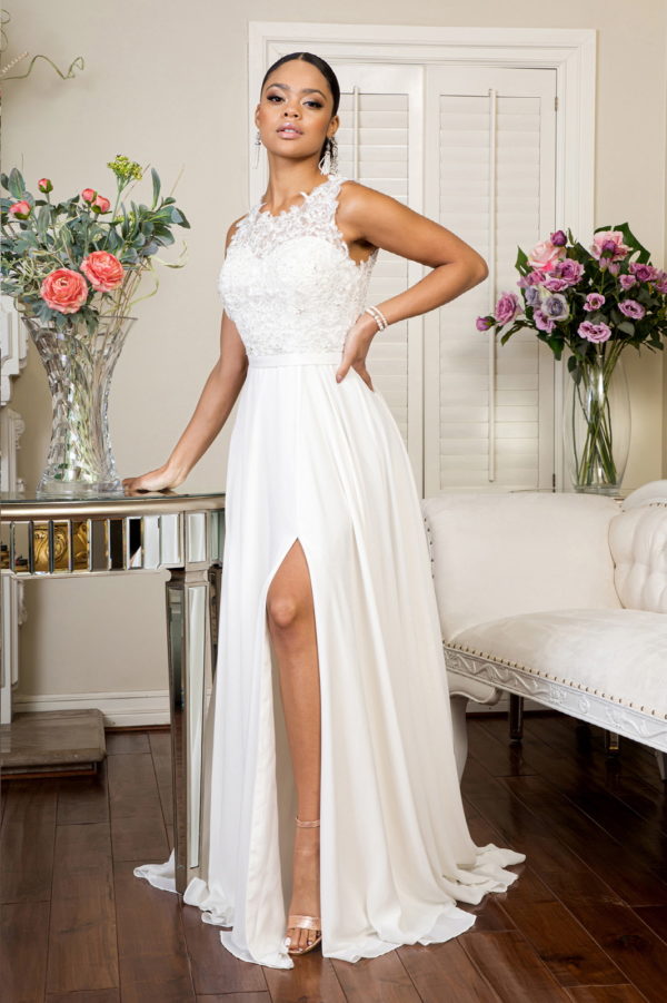 Embroidered Bodice Chiffon Long Dress w/ Sheer Back - Mask Not Included Chiffon is always right with beautifully embroidered wedding gown! The drapey fabric is also great with high neckline, which elongates your body frame. This dress even features side slit to show off your legs and sheer cut-out open back that give you a stylish look. That'll surely keep all eyes on you!
