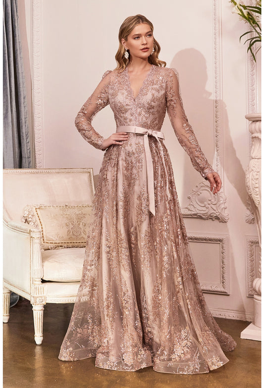 Look unforgettable in this embellished long sleeve dress with A-line skirt.  Long Sleeve Embellished Ball Gown  V-neck bodice with long sleeves Enclosed sheer back with zipper closure Floor length A-line skirt with sweep train Details: Bra Cup, Fully Lined Fit: The model is 5'8" and is wearing 4" heels