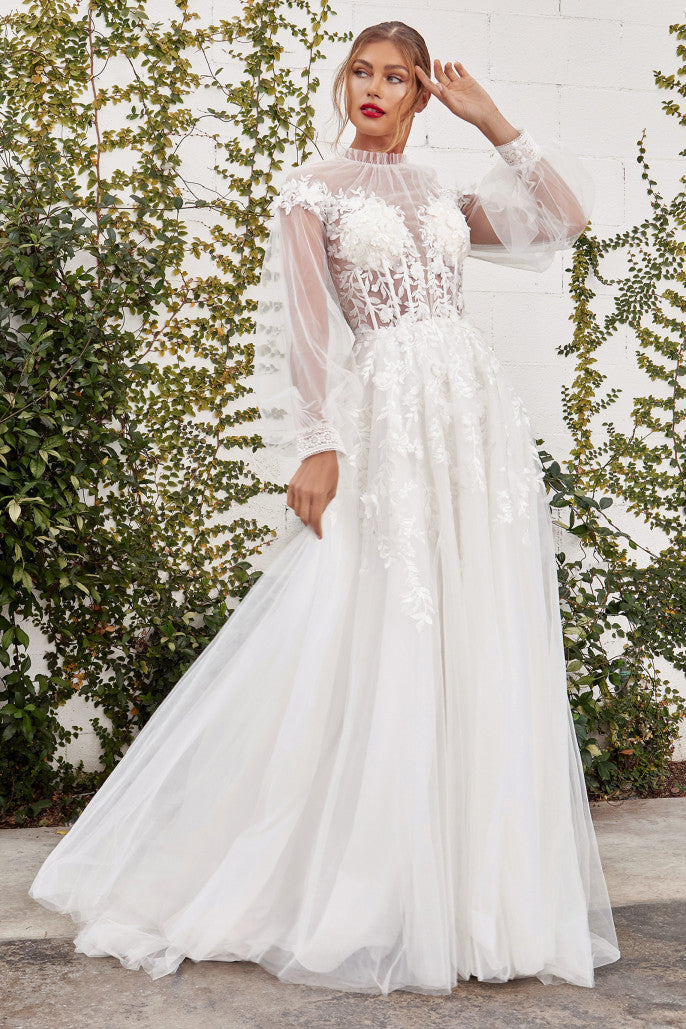 Strike off some bold poses in this beautiful bridal dress. The gorgeous attire is designed in bishop sleeves designed in sheer illusion net fabric and lace applique. The corset bodice has a plunging V-neckline with sheer high neck in pleated details. The A-line tulle silhouette glides gracefully below the waist in a full-length hem and a s