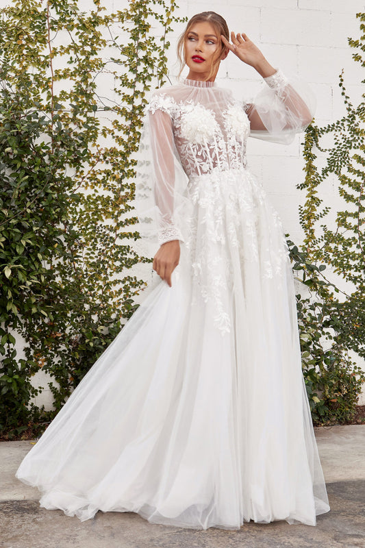 Strike off some bold poses in this beautiful bridal dress. The gorgeous attire is designed in bishop sleeves designed in sheer illusion net fabric and lace applique. The corset bodice has a plunging V-neckline with sheer high neck in pleated details. The A-line tulle silhouette glides gracefully below the waist in a full-length hem and a s