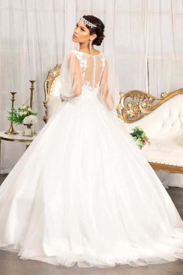 Beads Embellished Long Sleeves Wedding Gown w/ Sheer Back Button Closure Fabric: Lace, Mesh  Length: Long  Neckline: Illusion V-Neck  Sleeve: Long Sleeve  Back: Button Closure, Sheer, Zipper  Embellishment: Beads, Embroidery, Jewel, Sequin  Silhouette: Ball Gown