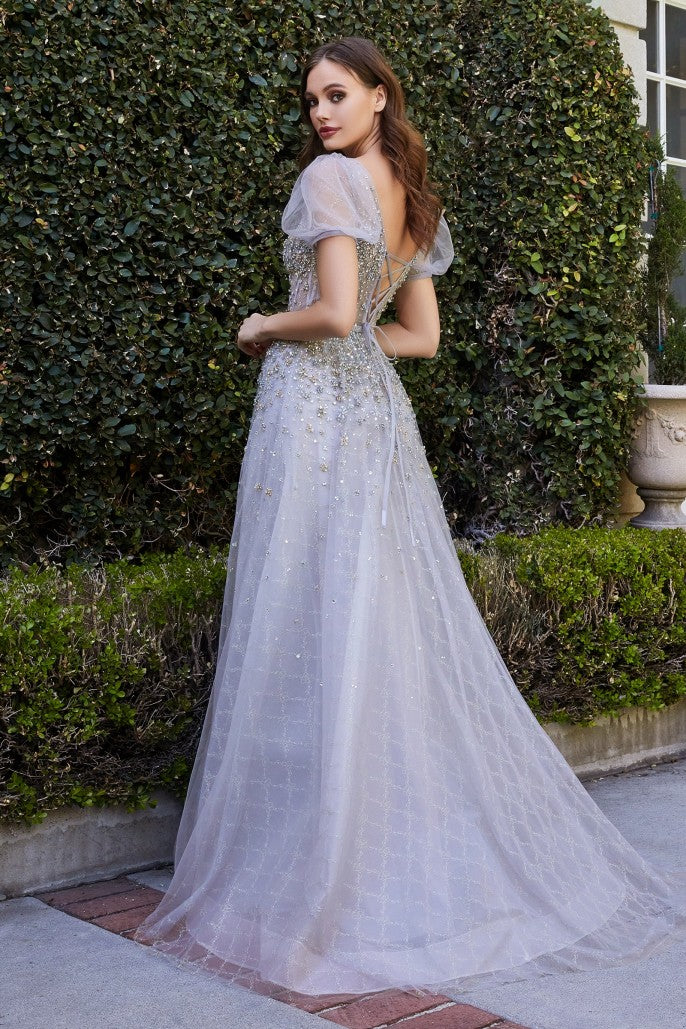 Luminescence adorns this silver ball gown in multi-colored glass beads and sheer layered tulle. Inner construction is boned at the bodice to taper the waistline and flow out through the latticed underlay skirt. Delicate sheer puff sleeves compliment this sweet garden look.
