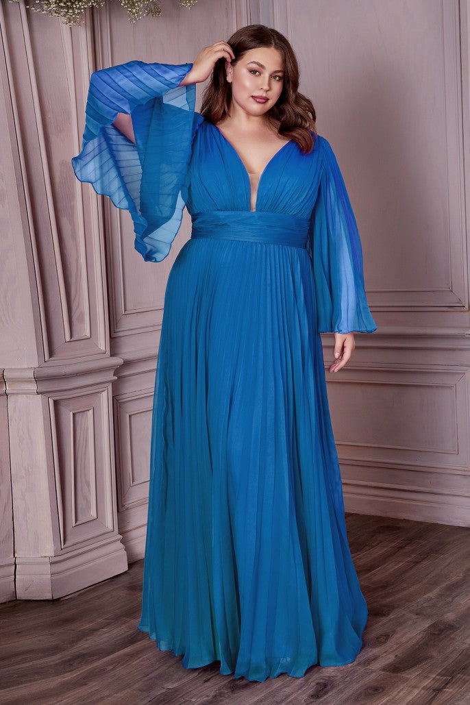 An elegant and sophisticated option for attending a wedding or other formal occasion. This chiffon gown is pleated from sleeve to hem and gathered at the deep v-neckline and waist. An open mid back has a center back zipper closure.