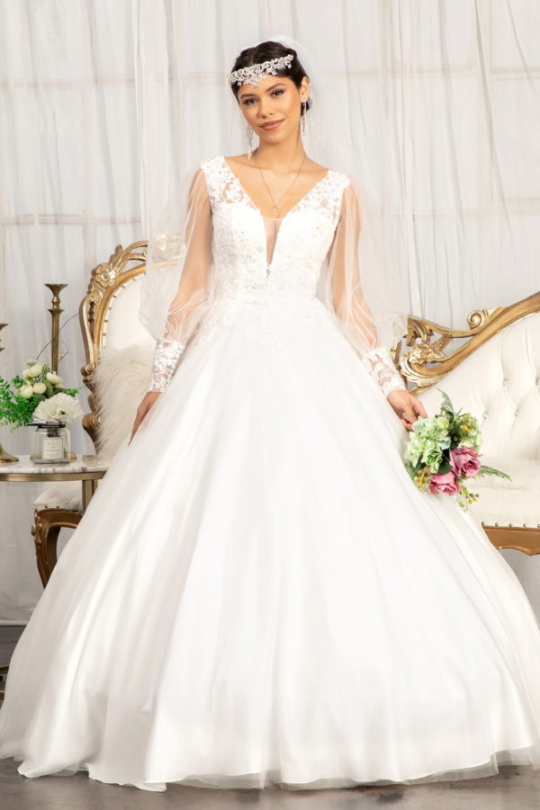 Beads Embellished Long Sleeves Wedding Gown w/ Sheer Back Button Closure Fabric: Lace, Mesh  Length: Long  Neckline: Illusion V-Neck  Sleeve: Long Sleeve  Back: Button Closure, Sheer, Zipper  Embellishment: Beads, Embroidery, Jewel, Sequin  Silhouette: Ball Gown
