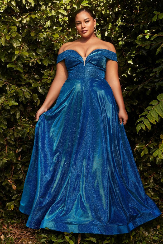 Off-the-Shoulder Long Plus-Size Prom Dress Metallic Blue / 22 Off-the-Shoulder Long Plus-Size Prom Dress Metallic Blue / 22