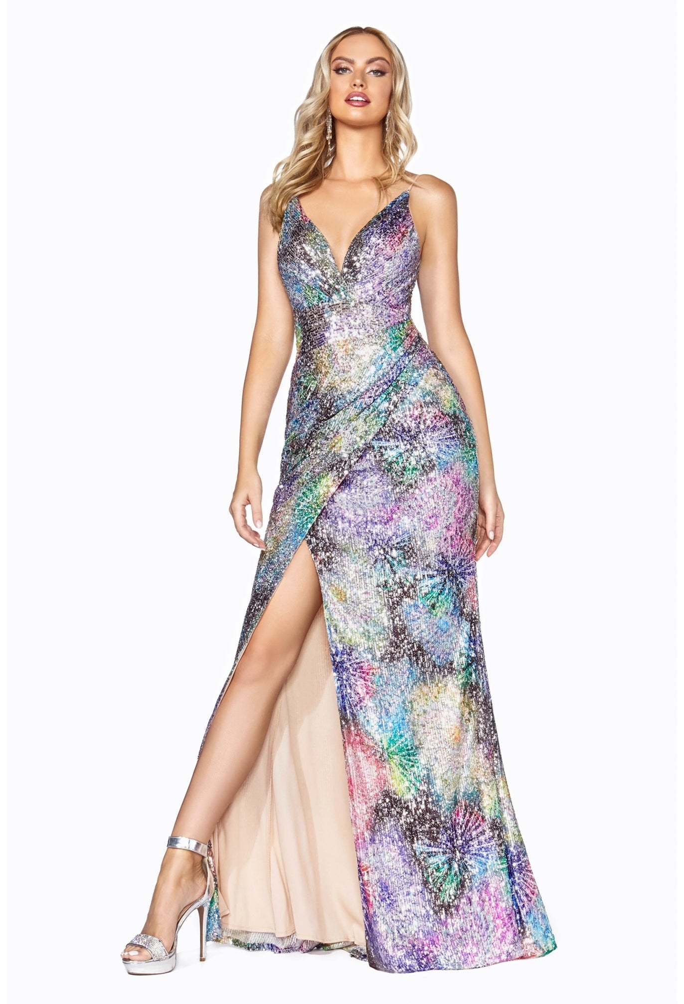 Command attention in this long fitted multi-colored sequin V-neck dress with side slit. Multicolor sequin gown with firework like print and gathered waistline Sleeveless V-neck bodice secured with spaghetti straps Open back Floor length trumpet skirt with side slit Details: Bra Cup, Fully Lined