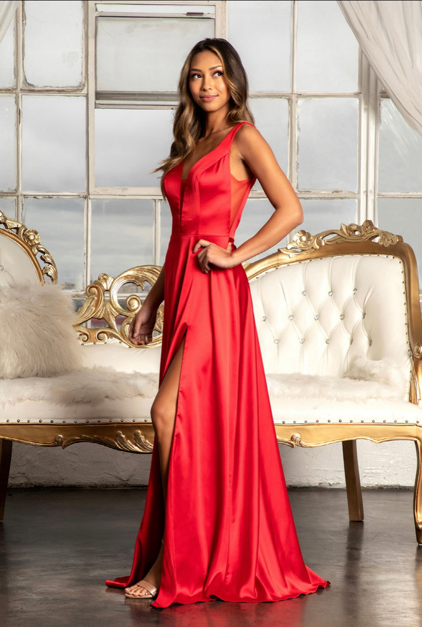 Elegant satin v-neck sheer side A-line bridesmaid dress. Fabric: Satin Length: Long Neckline: V-Neck Sleeve: Straps Back: V-Back Embellishment: Silhouette: A-Line