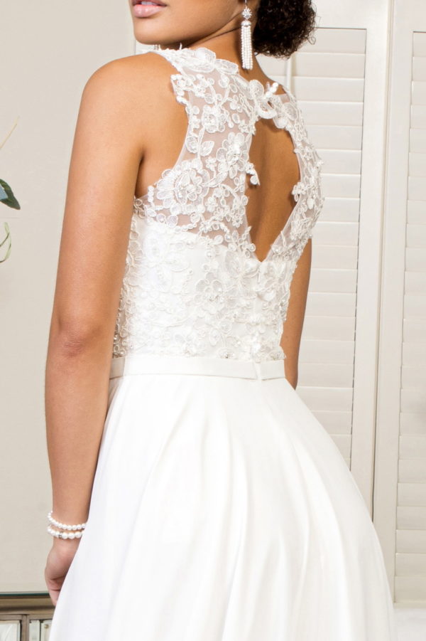 Embroidered Bodice Chiffon Long Dress w/ Sheer Back - Mask Not Included Chiffon is always right with beautifully embroidered wedding gown! The drapey fabric is also great with high neckline, which elongates your body frame. This dress even features side slit to show off your legs and sheer cut-out open back that give you a stylish look. That'll surely keep all eyes on you!