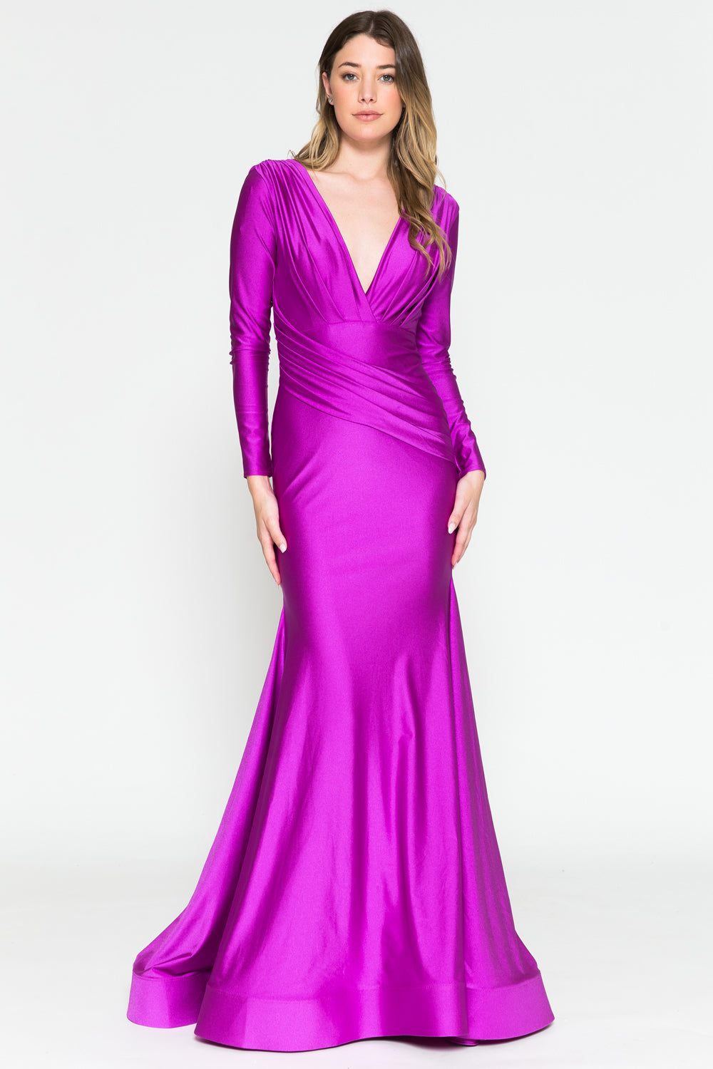 Gorgeous satin gown with double lining - long sleeve with open back and open bodice. Back zipper, long sleeves. Ruching around the waist. Features: Stretch Jersey, Satin Fabric Ruching Around Waist Back Zipper, Hidden Low V-Front and Back Long Sleeves Horse netting on bottom Long Train