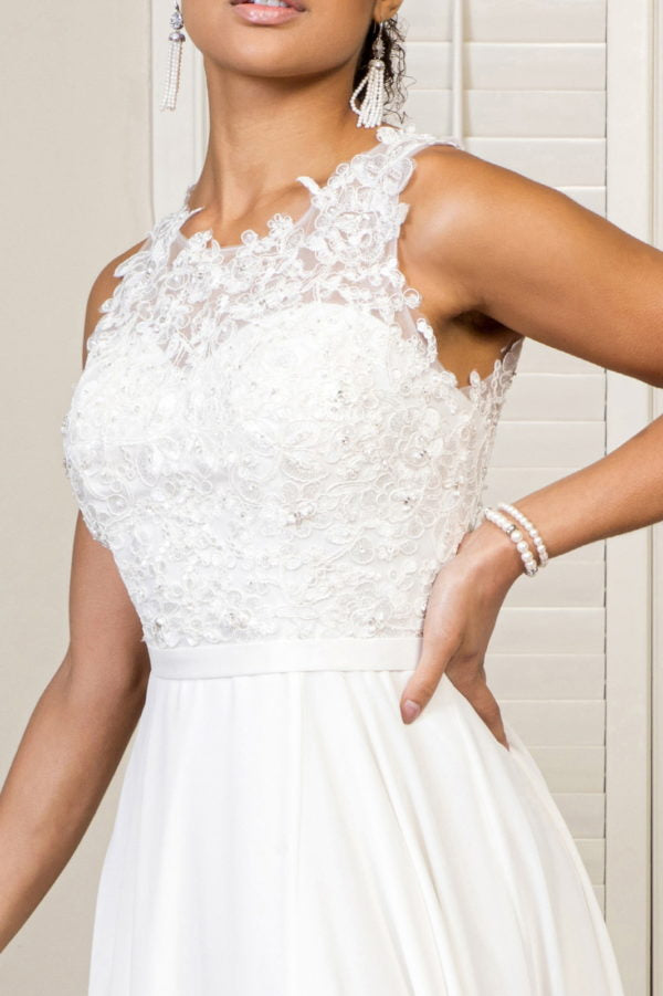 Embroidered Bodice Chiffon Long Dress w/ Sheer Back - Mask Not Included Chiffon is always right with beautifully embroidered wedding gown! The drapey fabric is also great with high neckline, which elongates your body frame. This dress even features side slit to show off your legs and sheer cut-out open back that give you a stylish look. That'll surely keep all eyes on you!