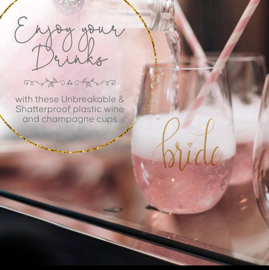 16 onzas. Copa de vino sin tallo de plástico duradero Bride con oro