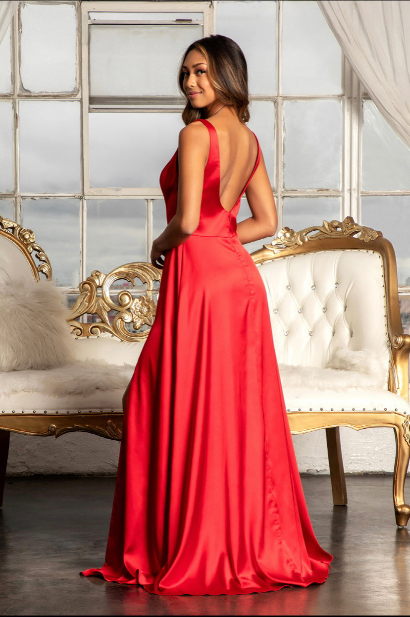 Elegant satin v-neck sheer side A-line bridesmaid dress. Fabric: Satin Length: Long Neckline: V-Neck Sleeve: Straps Back: V-Back Embellishment: Silhouette: A-Line