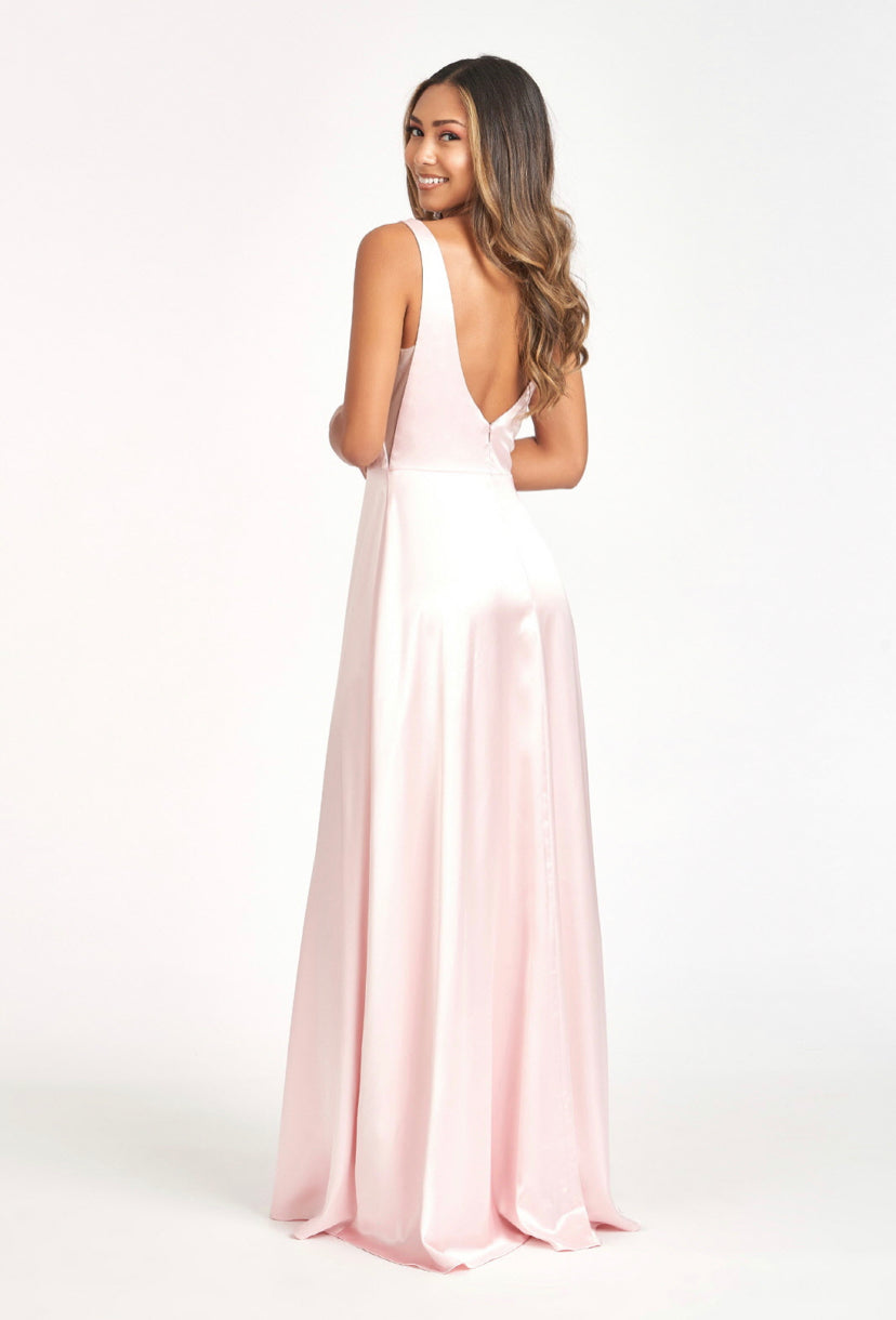 Elegant satin v-neck sheer side A-line bridesmaid dress. Fabric: Satin Length: Long Neckline: V-Neck Sleeve: Straps Back: V-Back Embellishment: Silhouette: A-Line