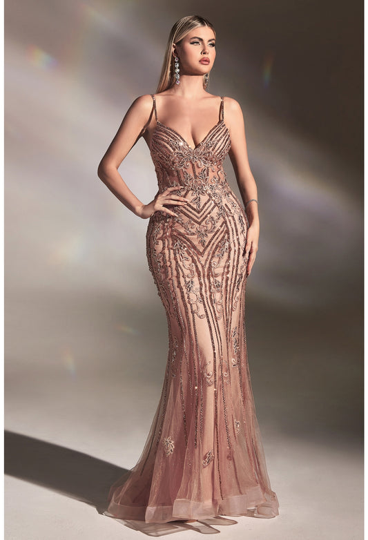 All eyes will be on you in this beaded sleeveless fitted mermaid style dress Beaded Sleeveless Mermaid Dress Sleeveless illusion V-neck bodice with corset boning Open back with a zipper closure Floor length fitted mermaid skirt with sweep train Details: Bra Cup, Fully Lined Fit: The model is 5'8" and is wearing 4" heels