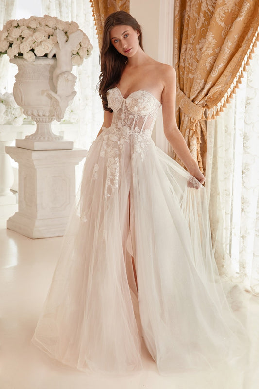 You'll capture your guest's attention in this 3D floral applique long strapless off white dress with A-line slit skirt by Andrea & Leo A1089W. This beautiful gown features a strapless sweetheart bodice with sheer corset boning, open back, and a floor length A-line skirt that ends in a sweep train.