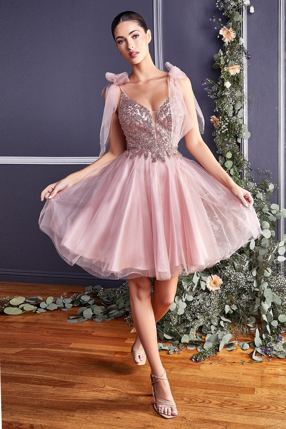 Short Bowed Homecoming Dress with Sequins