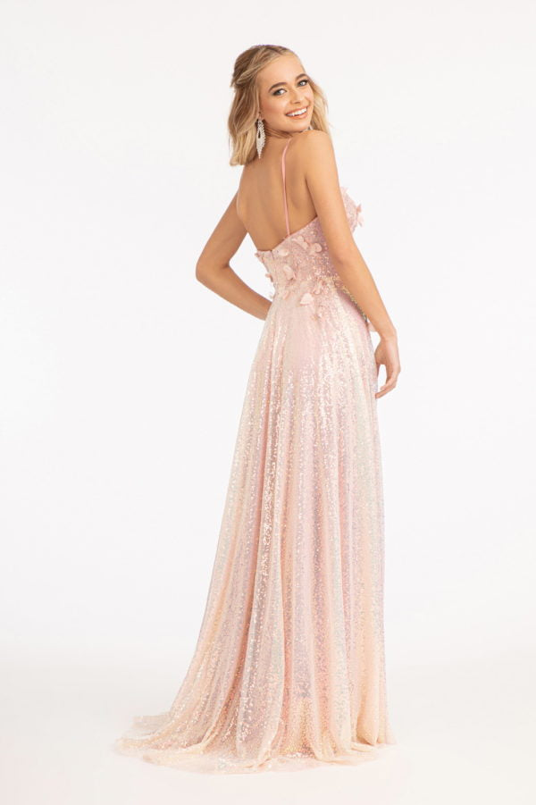 Looking for the one perfect dress for your special night? Opt for this sparkly sequin embellished A-line dress! It features sweetheart neckline with wide open back and side leg slit decorated with 3-D floral appliques and delicate jewels. Available in Purple and Rose Gold