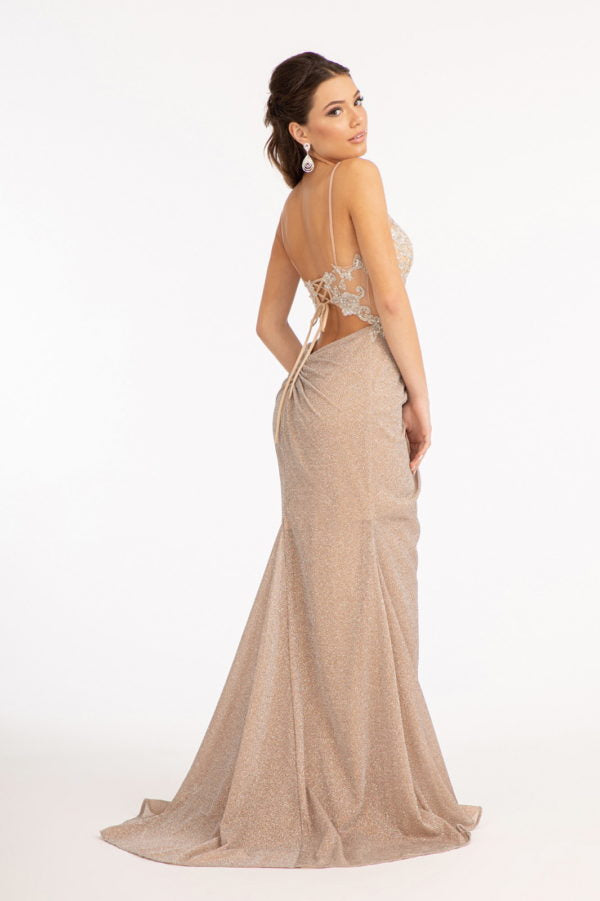 Sequin Embroidered Glitter Crepe Mermaid Dress w/ Cut-out Back and Slit Sparkly glitter embellished mermaid dress featured with sheer bodice, gathered waistline, side leg slit, and open cut-out lace-up back. It's also decorated with elegant embroidery, delicate beads, appliques, and sequin. Available in Champagne, Lilac, and Rose Gold