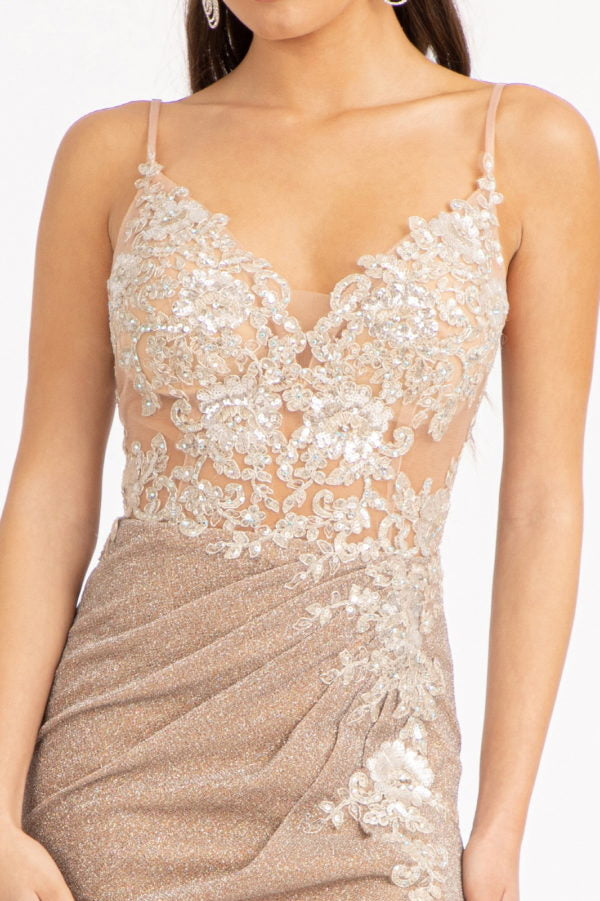 Sequin Embroidered Glitter Crepe Mermaid Dress w/ Cut-out Back and Slit Sparkly glitter embellished mermaid dress featured with sheer bodice, gathered waistline, side leg slit, and open cut-out lace-up back. It's also decorated with elegant embroidery, delicate beads, appliques, and sequin. Available in Champagne, Lilac, and Rose Gold