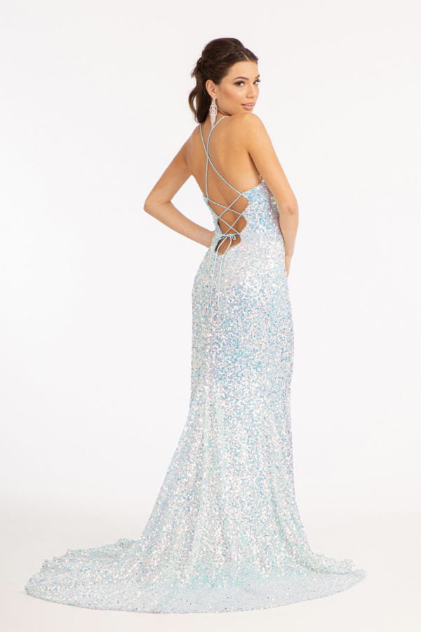 Straight Across Sequin Embellished Mermaid Dress w/ Open Lace-up Back Beautiful sequin embellished dress featured with straight across neckline and spaghetti straps. Wide open strapped back makes a bold statement, and side leg slit adds glamor to your look. Available in Blue, Blush, and Light Gold Fabric: Sequin Length: Long Neckline: Straight Across Sleeve: Spaghetti Strap Back: Lace Up, Open, Straps, Zipper Embellishment: Sequin Silhouette: Mermaid