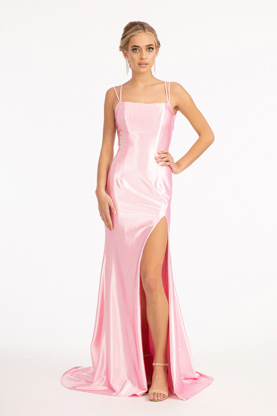 Straight Across Satin Mermaid Dress w/ Lace-up Back and Slit Beautiful satin dress to accompany any special occasion. Mermaid silhouette hugs your body to enhance your curve beautifully, and straight across neckline with a pair of two spaghetti straps add allure to your look. Available in Blush, Green, Red, and Sienna