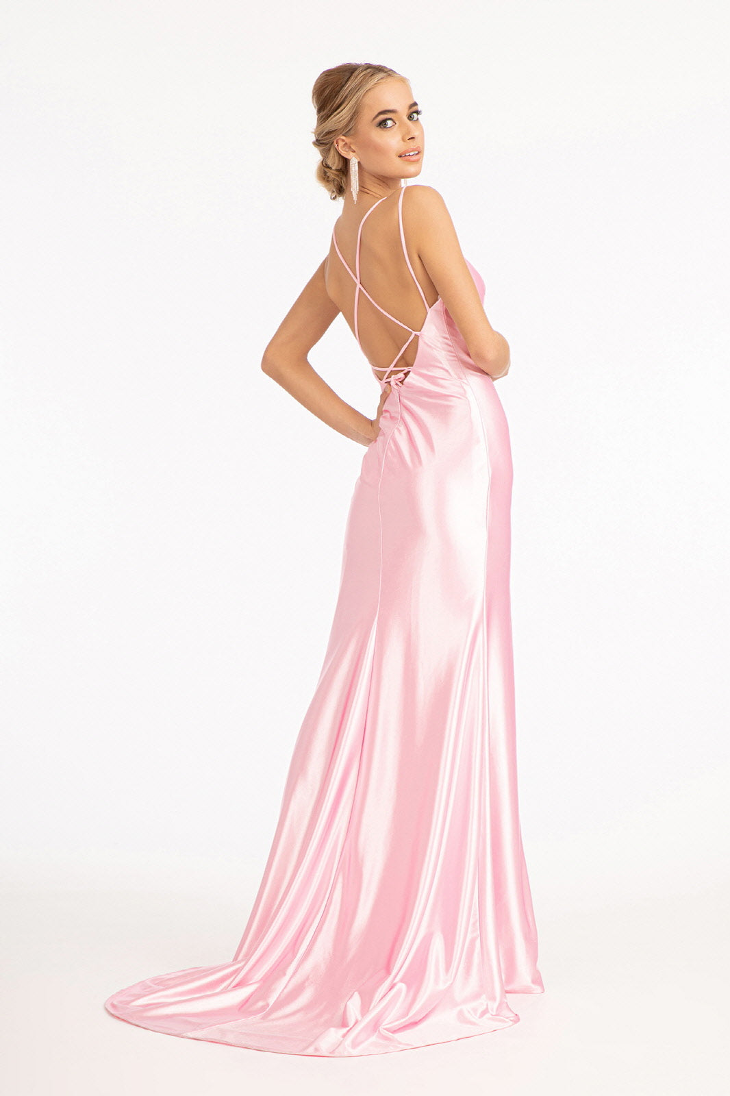 Straight Across Satin Mermaid Dress w/ Lace-up Back and Slit Beautiful satin dress to accompany any special occasion. Mermaid silhouette hugs your body to enhance your curve beautifully, and straight across neckline with a pair of two spaghetti straps add allure to your look. Available in Blush, Green, Red, and Sienna