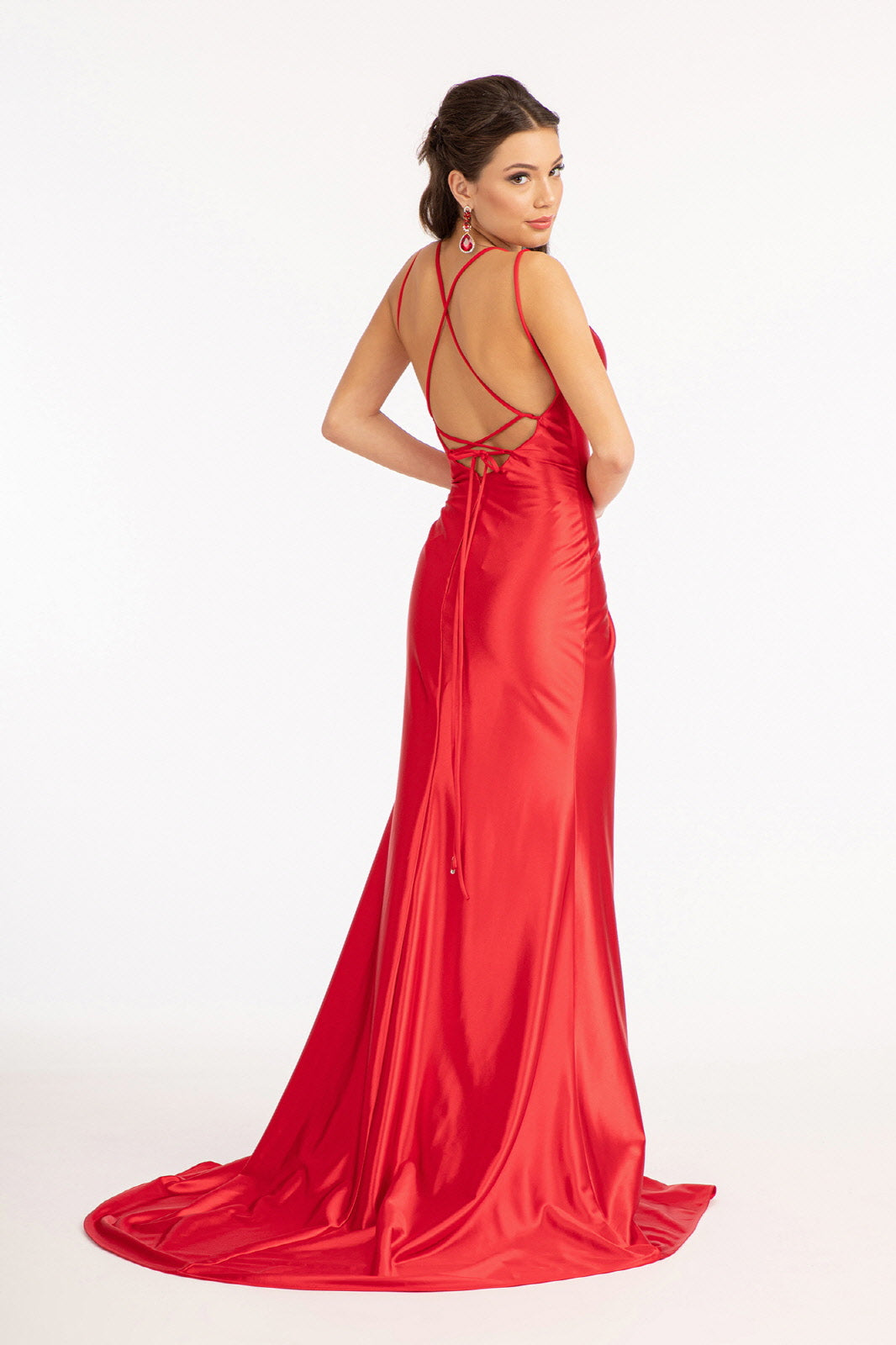 Straight Across Satin Mermaid Dress w/ Lace-up Back and Slit Beautiful satin dress to accompany any special occasion. Mermaid silhouette hugs your body to enhance your curve beautifully, and straight across neckline with a pair of two spaghetti straps add allure to your look. Available in Blush, Green, Red, and Sienna
