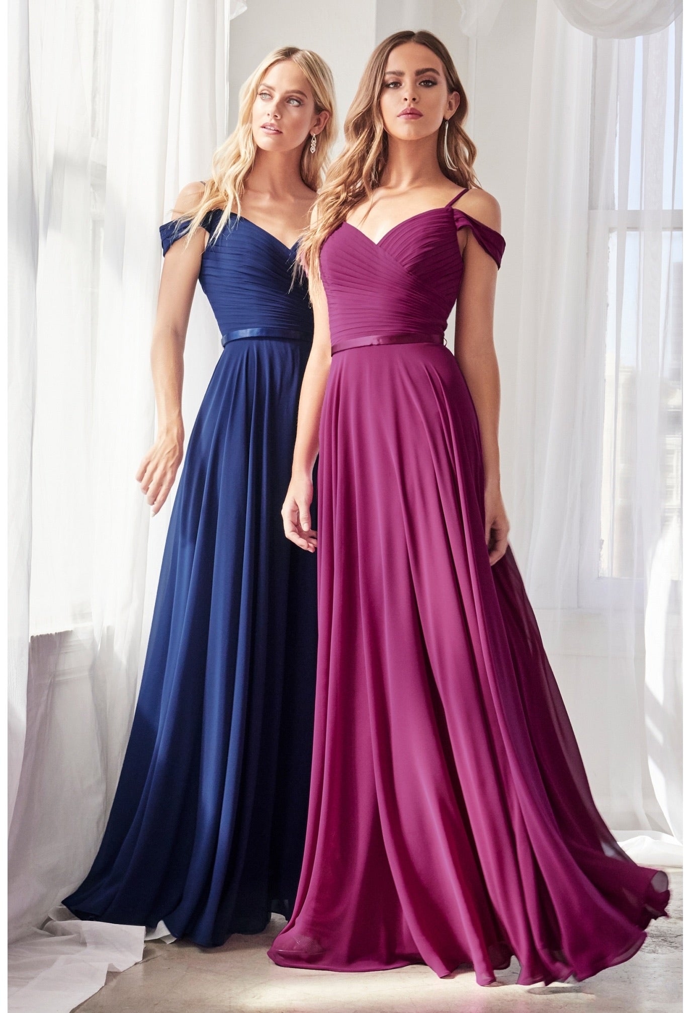Look picture-perfect in this long A-line cold shoulder dress with corset. Off the shoulder Chiffon gown Corset open back and satin belt Sweetheart bodice secured with straps Floor length A-line Chiffon skirt with box pleats Details: Bra Cup, Fully Lined Fit: The model is 5'8" and is wearing 4" heel