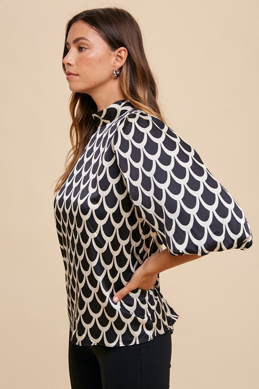 Tie Back Abstract Print Mock Neck Half Sleeve Blouse