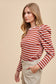 Rust Striped Round Neck Puff Sleeve French Terry Top