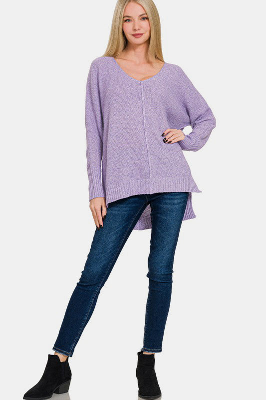 High-Low Center Seam V-Neck Sweater