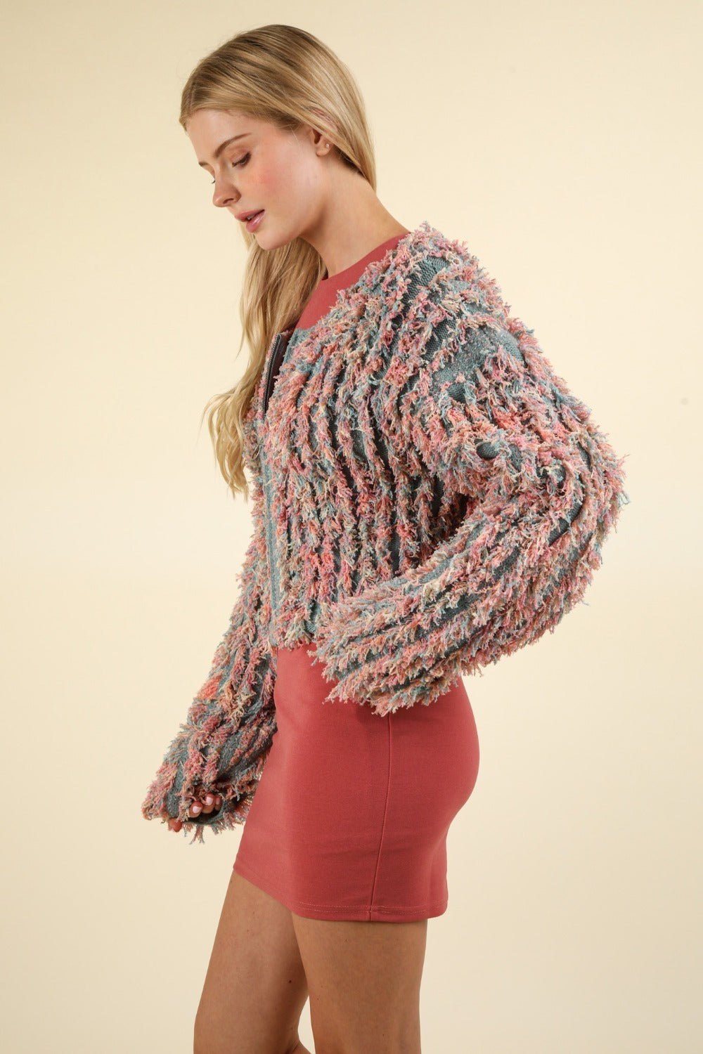 Multicolored Shaggy Yarn Knit Zip Up Jacket