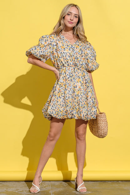 Floral Surplice Puff Sleeve Dress