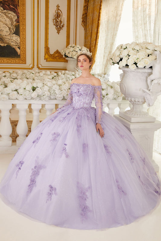 This gorgeous lilac off-the-shoulder, long-sleeved ball gown is an enchanting piece of work that will make you look like a quinceanera princess! The crafted lace and beaded applique add the perfect amount of shine to the bodice. Adding to the charm of this dress are the dimensional floral appliques giving it a unique and creative flair.