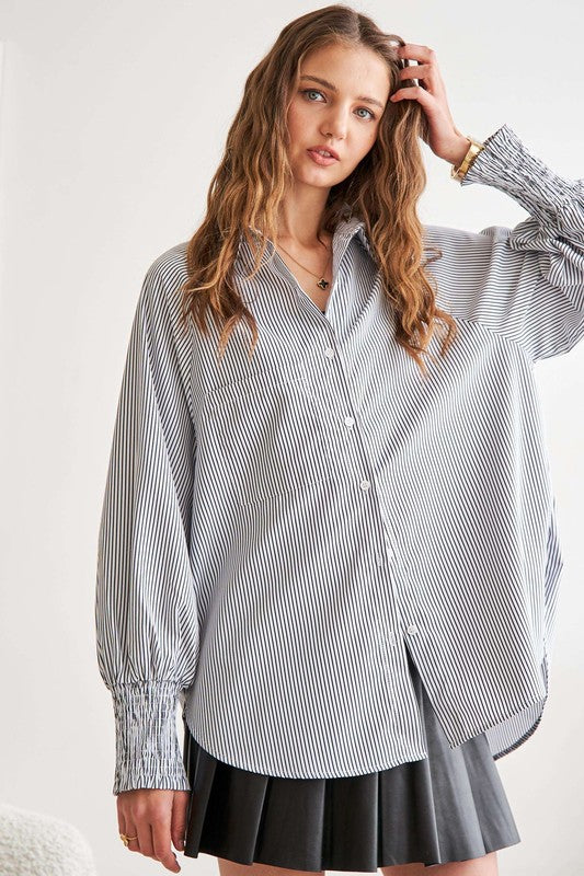 High-Low Striped Button Down Smocked Lantern Sleeve Shirt