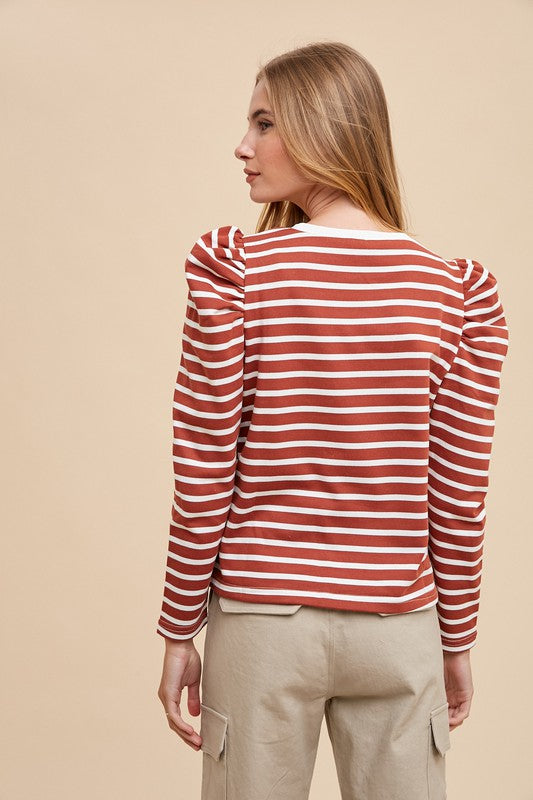 Rust Striped Round Neck Puff Sleeve French Terry Top